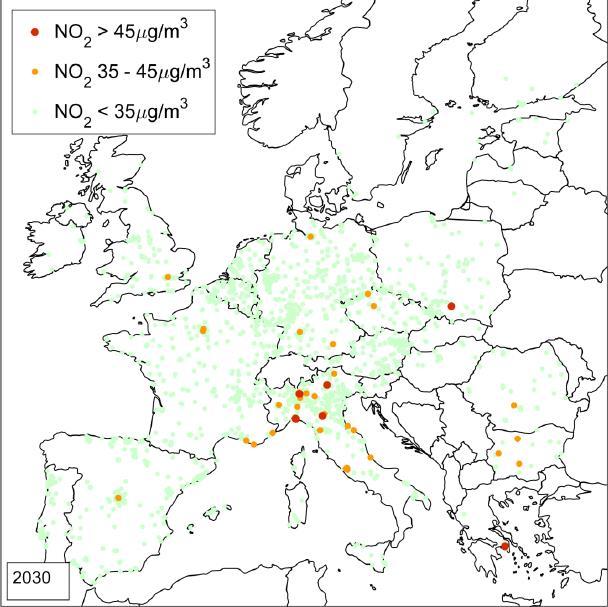 NO 2 air quality modelling by IIASA Remaining NO 2 monitoring stations exceedances in 2030 Typically located in big cities at major roads (e.g. Athens, London, Paris, Madrid, Hamburg, Munich, Stuttgart) or in areas with high industrial activity and bad air exchange (e.