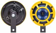 Horns Disc-type-horns M 26 Black finish metal body and diaphragm, protective grille yellow. Sound pressure level 2 m away: 5 db(a). Power consumption: 84W. Bracket on horn for M8 fixing screw. With 6.