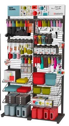 FOOD ENJOYMENT Eye-catching wobblers Header card Tasty Colours kitchen tools in a pallet display, folded,