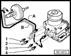 Hydraulic unit, brake booster/master cylinder, overview (Page 45-11) Brake lines from brake master cylinder to hydraulic unit,