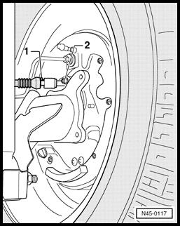 ABS system components on rear axle, removing and installing (Page 45-32) Wheel speed sensor on rear axle (drum brakes), removing and installing Removing - Raise vehicle.