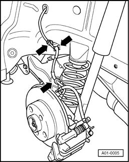 ABS system components on rear axle, removing and installing (Page 45-35) - Secure wheel speed sensor wire (arrows). CAUTION! Do not twist wires in the wheel well.