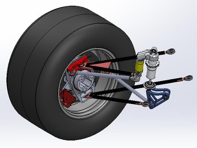 Figure 48: Rear Assembly 3D View The rear wheel and tires as stated were the same as last year s team. Due to knowing the dimensions of the tires and mount locations the rods were brought to life.