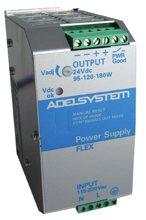 FLEX1724A Input: single-phase 115 / 23 V AC Output: 24 V DC 6ºC Efficiency up to 89% Strong overload without switch-off, up to 5% Flexible power continuity: 12 to 18 W "ower Good" Contact Selectable