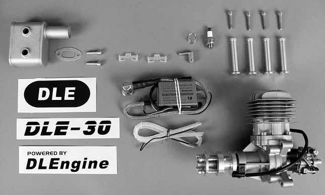 Parts List (1) DLE-30cc Gas Engine with DLE carburetor (1) CM6 Spark plug with spare ignition wire spring (1) Muffler w/gasket (2) 5x20mm SHCS (muffler mounting) (1) Electronic Ignition Module w/