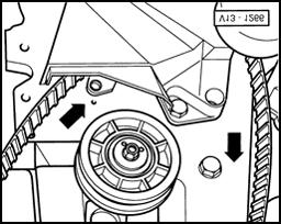 Page 15 of 25 28-12 - Turn intermediate shaft sprocket with toothed drive belt (in direction of arrows) until rotor arm aligns with markings for Cyl.1 on distributor housing.