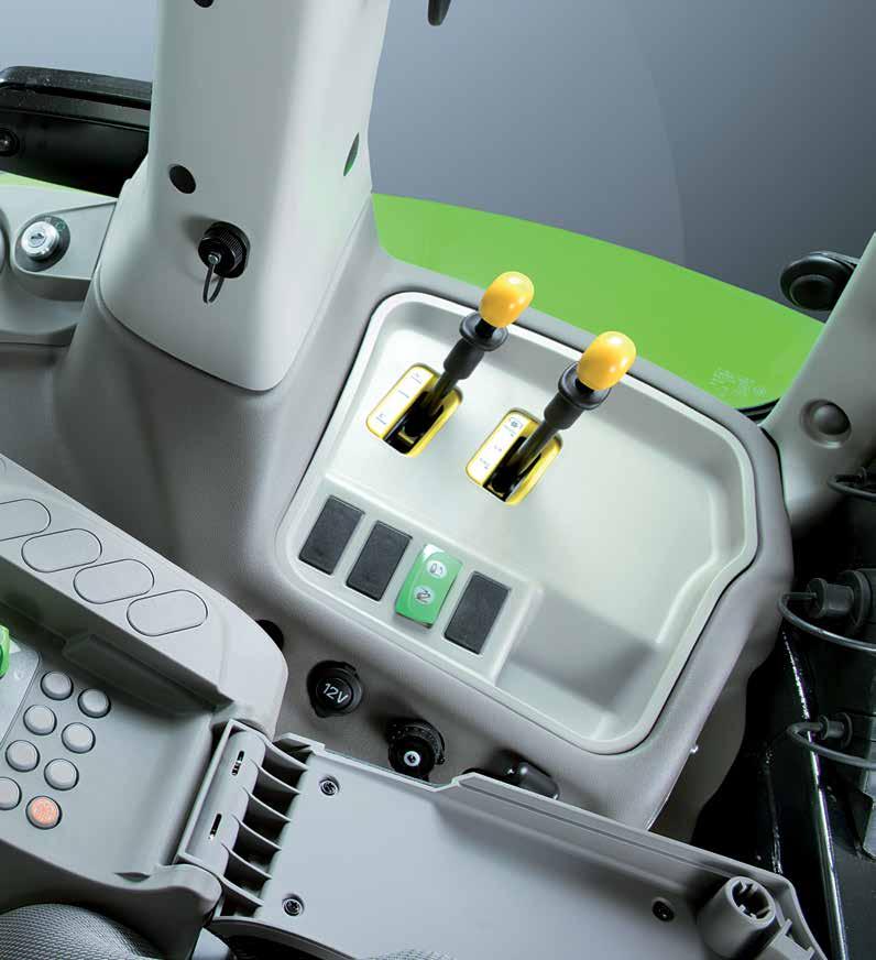Hydraulic valves can be managed through proportional and programmable controls. The electronic Joystick can be programmed to use the front-loader and other tractor functions with the thumbwheel.