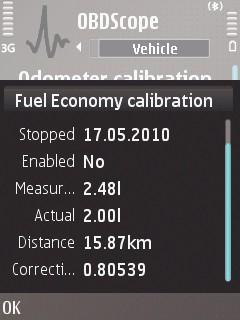 OBDScope User's Guide 31 Picture 19: Fuel Economy calibration item. 9 Calibrating the Fuel Economy reading Fuel Economy Reading may not be accurate and it may be required to calibrate it.