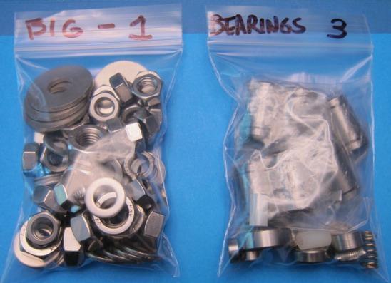 Step 6: Identify Parts You should have 3 bags of nuts and bolts, bearings and springs, etc. They look like this, only there s 3 of them.
