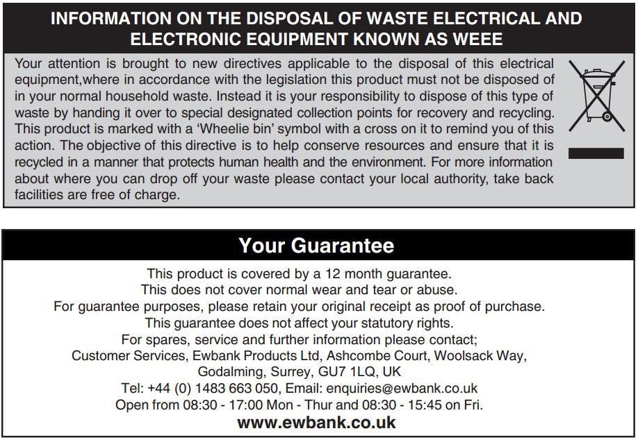 EB0476-CFP-03-13_Layout 1 07/03/2013 15:45 Page 7 Electrical Connection This unit is a Class III battery-powered appliance which means it operates at SELV (Safety Extra Low Voltage).