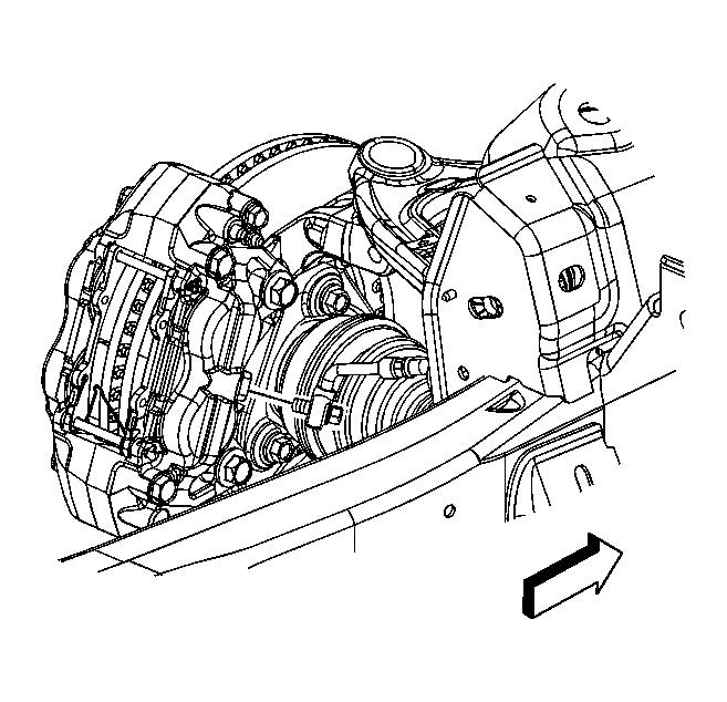 Fig. 34: Locating Brake Hose At Brake Caliper Courtesy of GENERAL MOTORS CORP. IMPORTANT: Install 2 new copper brake hose gaskets. 1.