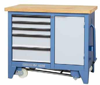 WORKBENCHES 1505 MOBILE WORKBENCH T Dimensions: H 900 x W 1100 x D 652 mm T 40 mm thick multiplex beech wood worktop, surface T Large usable storage space with shelf and door T Easy, safe movement