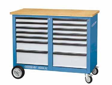 1506 XL MOBILE WORKBENCH EXTRA WIDTH T Dimensions: H 985 x W 1250 x D 550 mm T 30 mm thick multiplex beech wood worktop, surface T With two similar drawer blocks powdercoated, GEDORIT blue T Wide