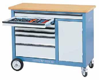 1504 XL MOBILE WORKBENCH EXTRA WIDTH T Dimensions: H 985 x W 1250 x D 550 mm T 30 mm thick multiplex beech wood worktop, surface T Large usable storage space with shelf and door powder-coated,