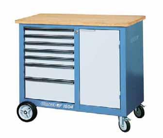 1504 MOBILE WORKBENCH T Dimensions: H 985 x W 1100 x D 550 mm T 30 mm thick multiplex beech wood worktop, surface T Large storage space with shelf and door powder-coated, GEDORIT blue T Wide drawers