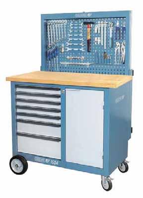 BR 1504 MOBILE WORKBENCH with self raising rear panel T Dimensions: H 985 x W 1100 x D 550 mm T 30 mm thick multiplex beech wood worktop, surface T Large usable storage space with shelf and door T