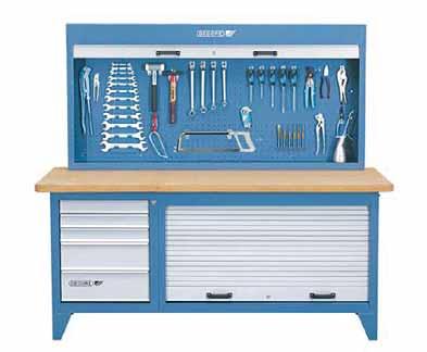 BR 1500 LH WORKBENCH WITH TOOL CABINET Body workbench: T Dimensions: H 900 x W 2000 x D 875 mm T 40 mm thick multiplex beech wood worktop, surface T Large storage space with shutter powder-coated,