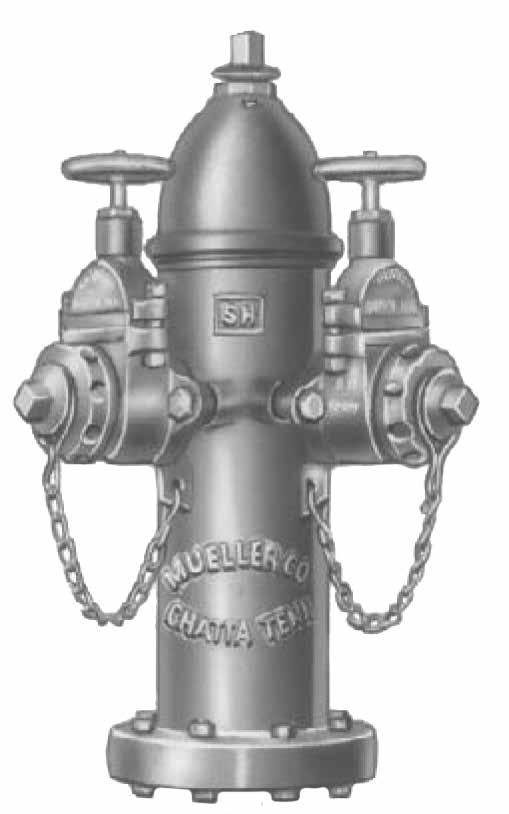 Hose Gate Valves. Mueller/Chattanooga, Tenn., year of manufacture and main valve opening size is cast on upper barrel. SH-FM is cast on upper barrel. Hydrants have test plugs.