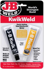 J-B Kwik is designed to be an alternative to welding, soldering and brazing. J-B Weld bonds to most clean surfaces. It sets in a little as 4 minutes and fully cures in 4 to 6 hours.
