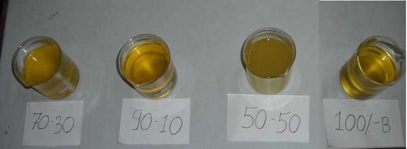 Fig. 3: Different blends of biodiesel and mineral diesel The fuels prepared for testing purpose were B50 (50% biodiesel + 50% mineral diesel), B70 (70% biodiesel + 30% mineral diesel), B90 (90%