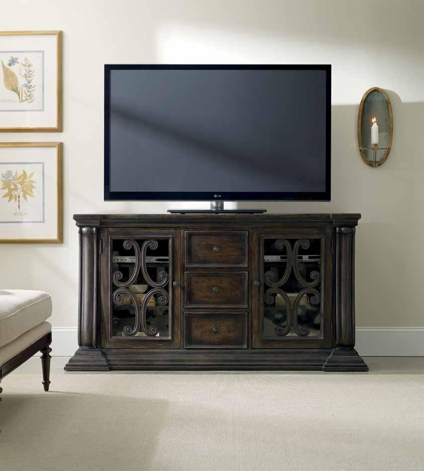 Right DECORATOR GROUP Hardwood Solids and Veneers; Black Paint Finish with Rub-Through and Physical Distressing; Carved Leather with Nailhead Trim 370-55-457 Entertainment Console Two outside doors