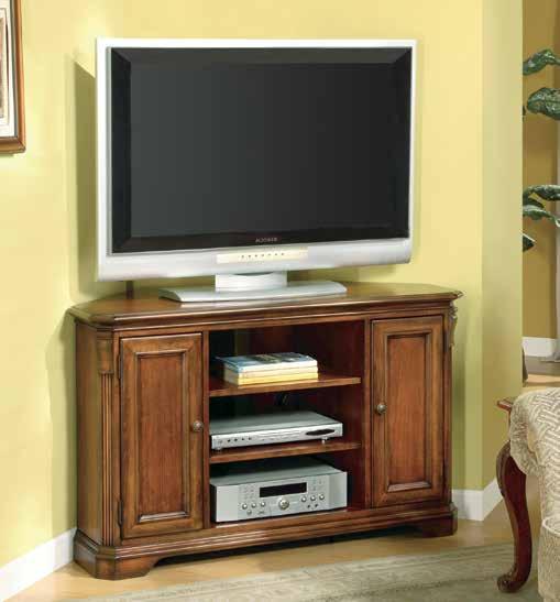 60 1/2W x 22D x 30H (154 x 56 x 76 cm) WENDOVER Poplar Solids, Cherry Veneer & Light Physical Distressing 1037-56488 Corner Entertainment Console Two doors with one adjustable shelf behind each; two