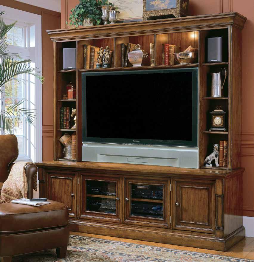 consoles & hutches accommodating up to 55 (140 cm) televisions NEW CASTLE II Hardwood Solids, Birch & Cherry Veneers 243-55-475 Entertainment Console Two outside doors are wood-framed beveled glass