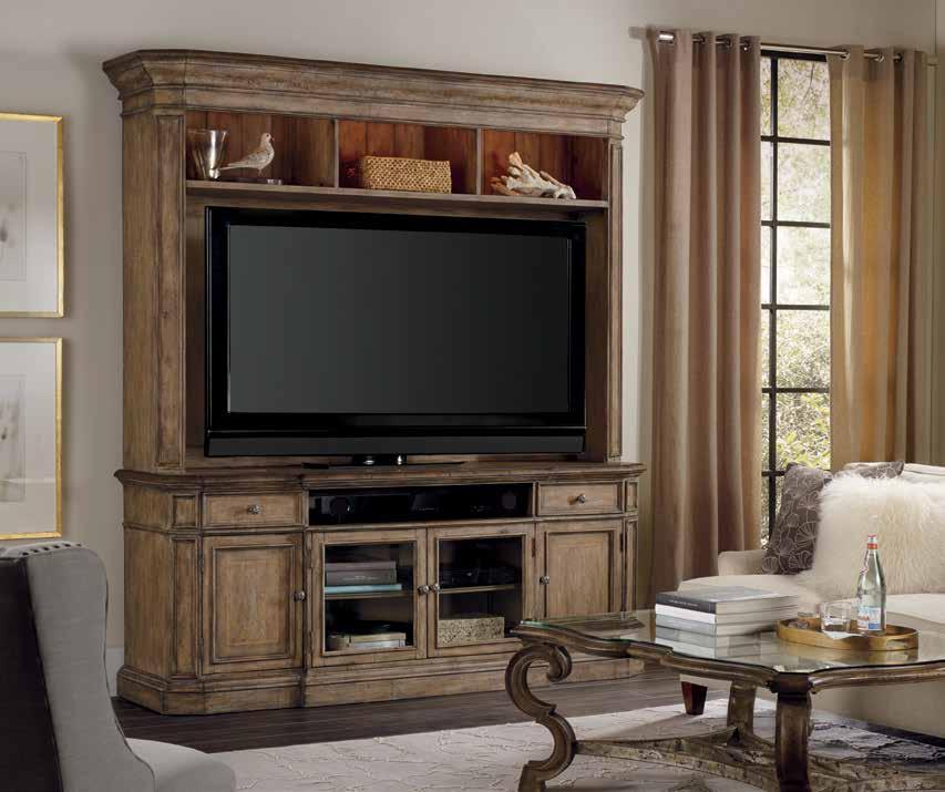 SANCTUARY Hardwood Solids, Ash Veneer 3002-70465 Entertainment Console Dune & Beach Two wood framed glass doors with wood overlay and two adjustable shelves behind each; three drawers, top has drop