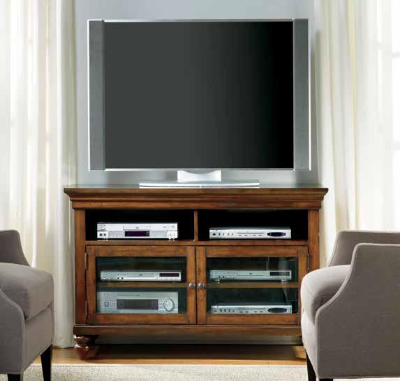 Top right WENDOVER Poplar Solids, Cherry Veneer & Light Physical Distressing 1037-56470 Entertainment Console Two open areas; two wood-framed beveled glass doors with one adjustable shelf behind