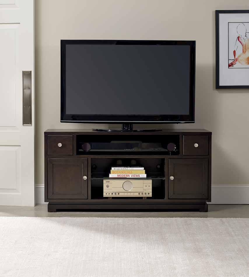 Top left HADDON HALL Poplar Solids and Cathedral Knotty Cherry Veneers 5238-55459 Entertainment Console One center channel speaker area, two wood frame beveled glass doors with one adjustable shelf