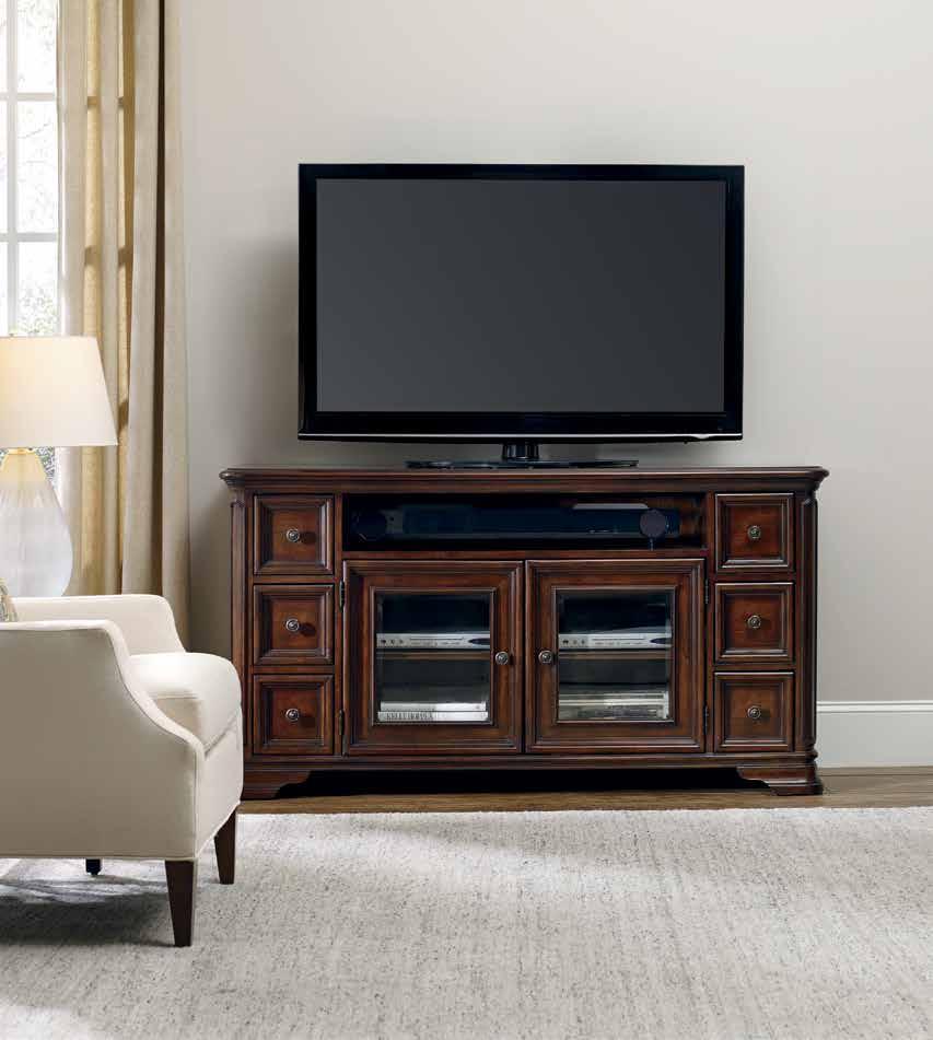 three plug outlet Accommodates most 55 (140 cm) televisions 56W x 21D x 34 1/4H (142 x 53 x 87 cm) See page 84 for matching living room tables. 6 hookerfurniture.