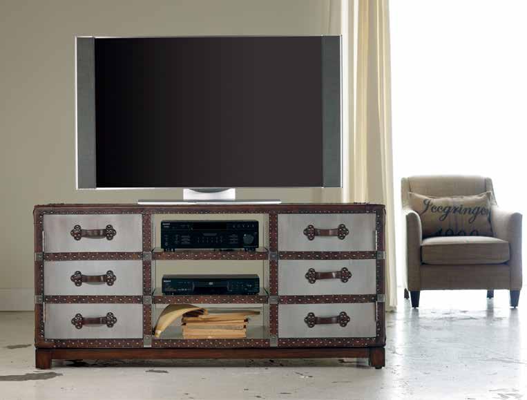 KINSEY Hardwood Solids, Quartered Walnut Veneer 5066-55402 Entertainment Console Two sliding glass doors with circle fretwork and one adjustable shelf behind each;