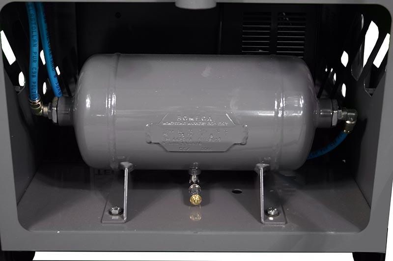 The intercooler and TECNA s unique compressed air reserve tank, provides a boost in air pressure when needed, are neatly tucked away at the base.