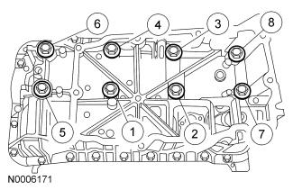 62. NOTE: The cylinder block cradle to the cylinder block alignment must be within a maximum mismatch of 0.25 mm (0.01 in) cylinder block cradle underflush or 0.05 mm (0.