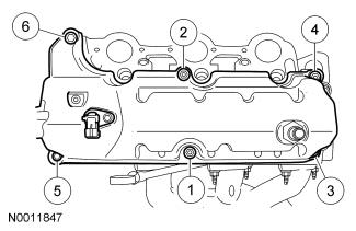 113. Position the LH valve cover and install the 3 bolts and the 3 stud bolts. Tighten in the sequence shown to 10 Nm (89 lb-in). 114.