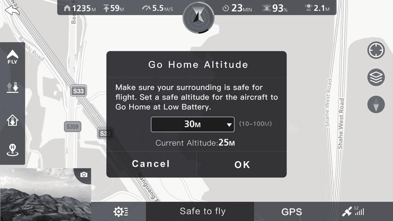 3. A Go Home Altitude setting will pop up for you to set a safe altitude for the aircraft to perform Go Home at low battery level.
