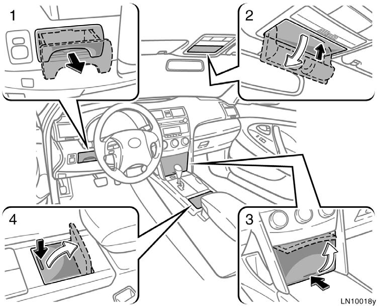 Auxiliary boxes To use the boxes, open it as shown the illustration. 1. Driver s side instrument panel 2. Overhead console 3. Front console 4.