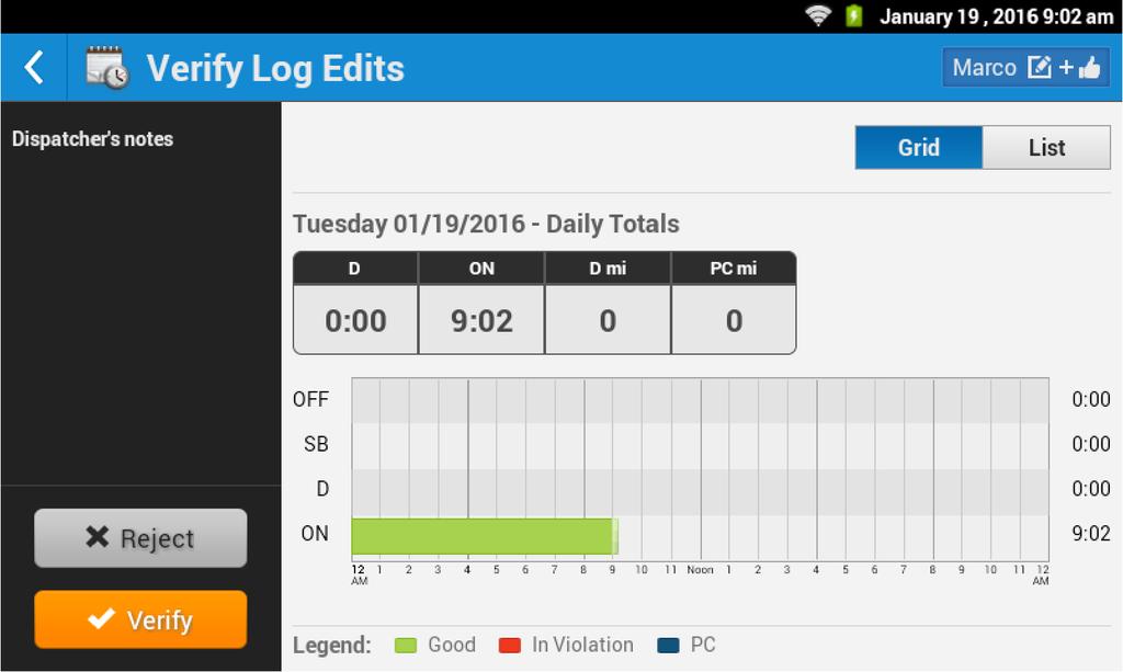 only request edits be made which their dispatcher then performs. When the dispatcher has made a change, the operator is prompted to verify the log edits. Tap Show Logs to continue.