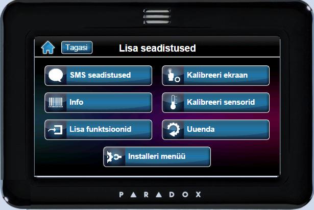 SMS seadistused Info Lisa funktsioonid Kalibreeri ekraan Kalibreeri sensorid (sise- ja välistemperatuuri anduri