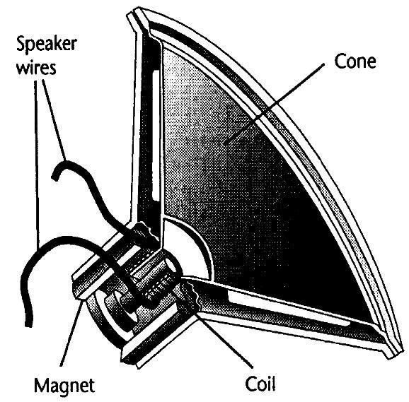 Speaker electrical energy mechanical energy wire coil moves back & forth as its magnetic