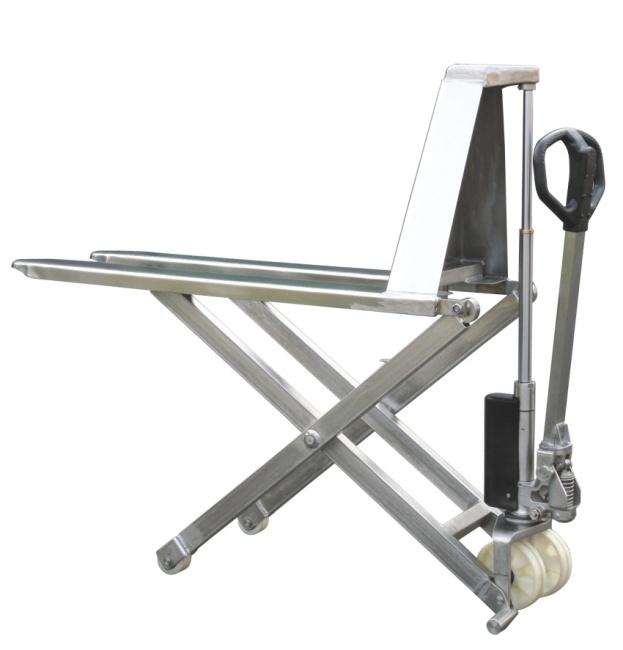 Hand Lift 11 Stainless High Lift Scissor Truck All parts are made of stainless including hydraulic pump, fork frame, handle, push rod, push rod, bearing, pin and bolt, etc.