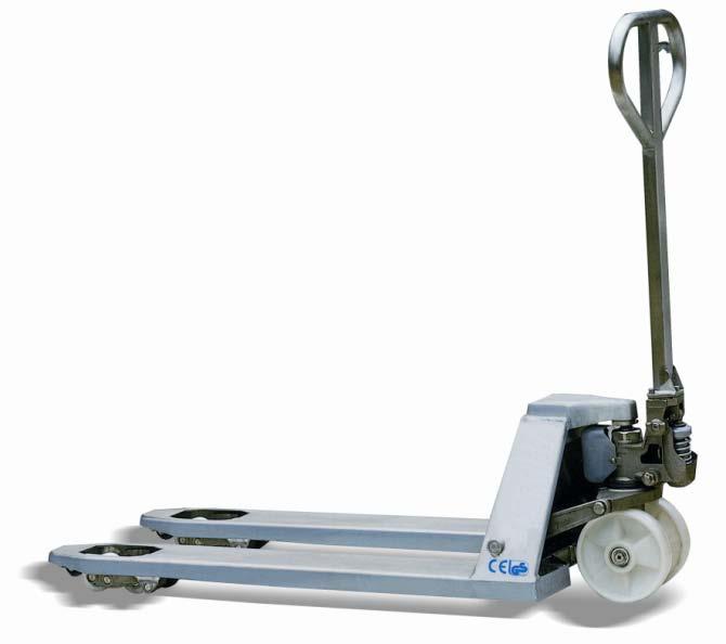 Hand Lift 9 Stainless Hand Pallet Truck Material Inox304. All parts are made of stainless including hydraulic pump, fork frame, handle, push rod bearing, pin and bolt, etc.