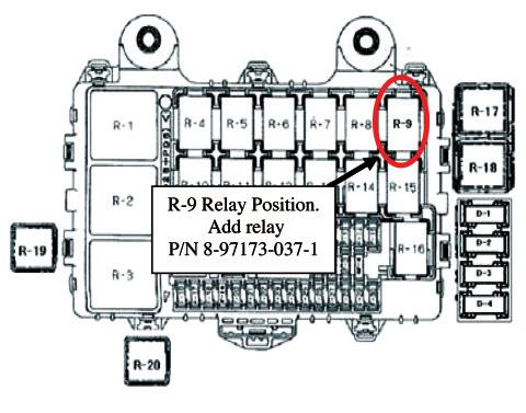 16.28 The R9 relay (P/N 8-97173-037-1) is not supplied with the vehicle. The relay can be ordered from your Authorized Isuzu Dealer s parts Department.
