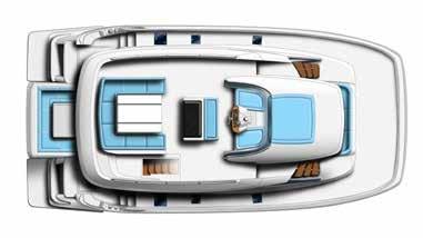 EXTERIOR FEATURES FLYBRIDGE Radar arch across flybridge Exceptional flybridge access from three stairway locations Main access from salon interior via teak and stainless steel stairway Ergonomic