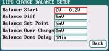 When switch to User Balance mode on Chg Mode; the Balance Diff, Balance Set Point, Balance Over Charge and Balance Done Delay are available, after setting, click" " to return to the previous