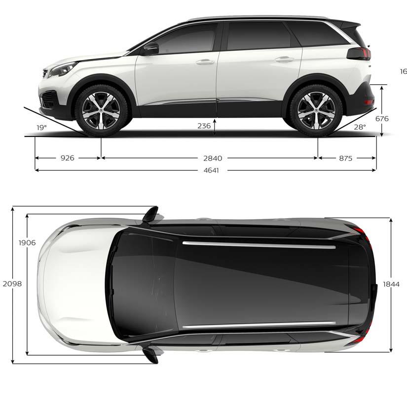 NEW PEUGEOT 5008 SUV: DIMENSIONS EXTERNAL DIMENSIONS Length (mm) 4,641 Width to handles / with door mirrors folded / open (mm) 1,844 / 1,906 / 2,098 Kerb height with full tank 1,646 Wheelbase (mm) 2.