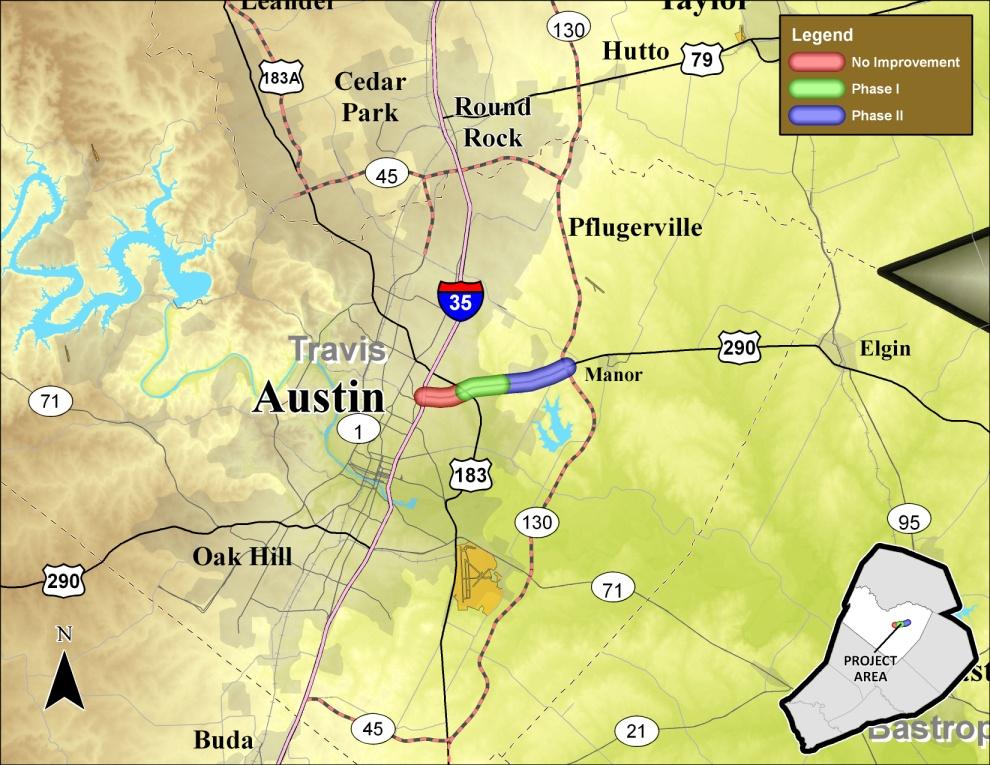 The existing U.S. Highway (US) 290 facility from I 35 in Downtown Austin to State Highway (SH) 130 east of Manor is four lanes.