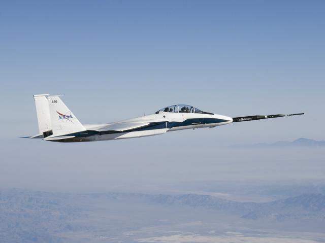 This highly successful project put spike-induced sonic boom suppression theory to the test in the actual flight environment afforded by NASA's supersonic F-15B (fig. 21). Fig. 21. The supersonic F-15B.