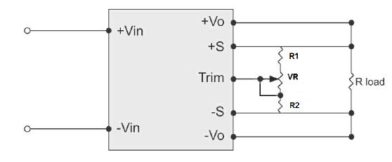 Example: HB24S48-7.2 and If R3=2.2K Output voltage trim circuit configuration using VR Recommend Resistor Values: For R1 use 75K and VR use 20K The output voltage on 3.