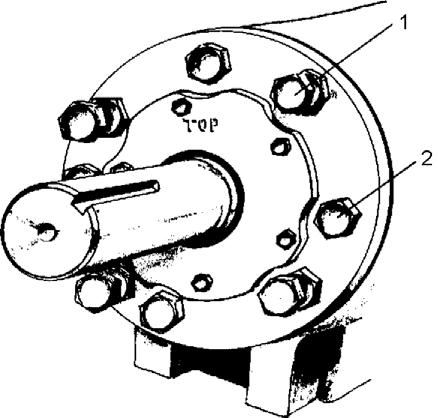 Impeller adjustment bolts with jam nuts (1) can be used to assist in the removal of the shaft and bearing assembly from the bearing frame. Figure 54: Bearing housing bolt removal 22.
